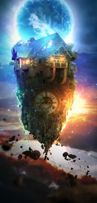 Fantastical mobile wallpaper with floating island and cosmic elements.