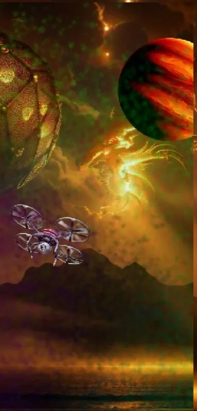 A fantasy scene with a dragon, planets, and flying machine in cosmic colors.