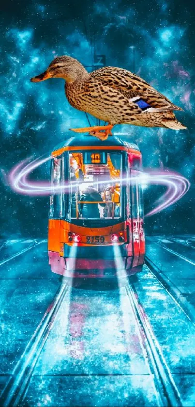 Surreal scene with a tram, a duck, and vivid blue night sky.