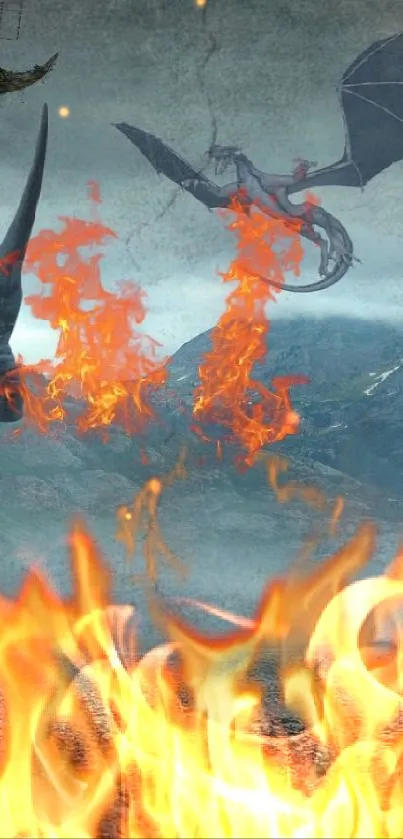 Fantasy wallpaper with rhino, dragon, fire, and embracing figures.
