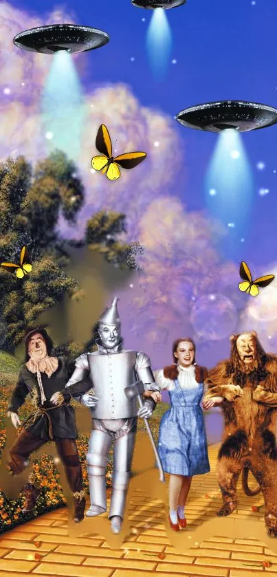 Whimsical journey with iconic characters under a sky of UFOs and butterflies.