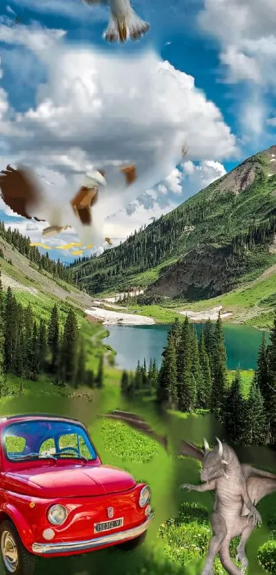 Surreal landscape with car, eagle, dragon, and mountains.