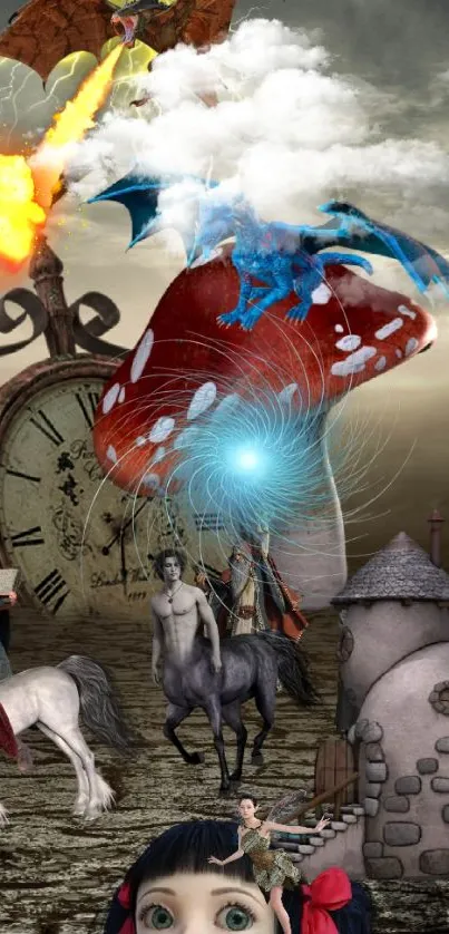 Fantasy wallpaper with dragons and mushrooms creating a mystical scene.