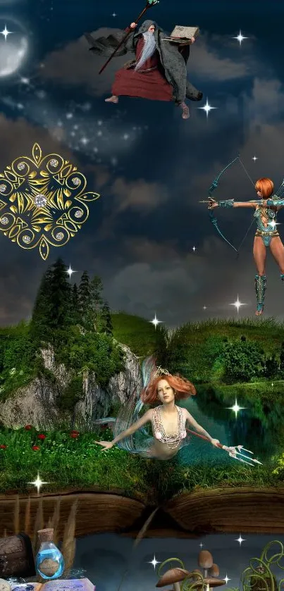 Fantasy mobile wallpaper with mystical characters and starry night scene.