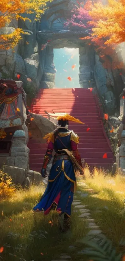 Fantasy warrior stands before ancient ruins on a sunny autumn day.