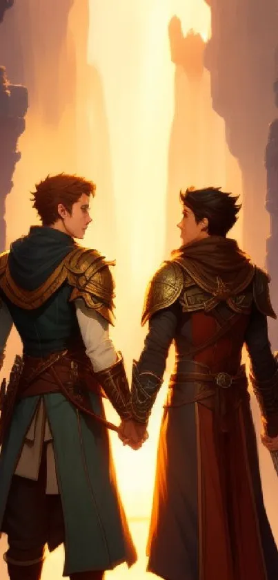 Two adventurers facing a golden dawn in a mystical fantasy scene.