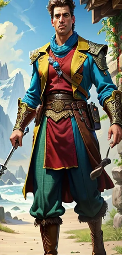 Fantasy adventurer in colorful attire stands before scenic mountain landscape.