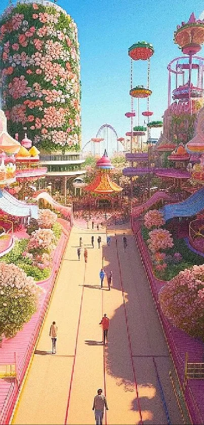 Vibrant fantasy amusement park with colorful rides and flowers.