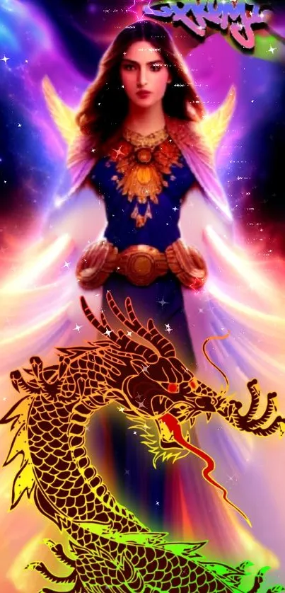 Fantasy wallpaper with an angel and dragon under a cosmic sky.
