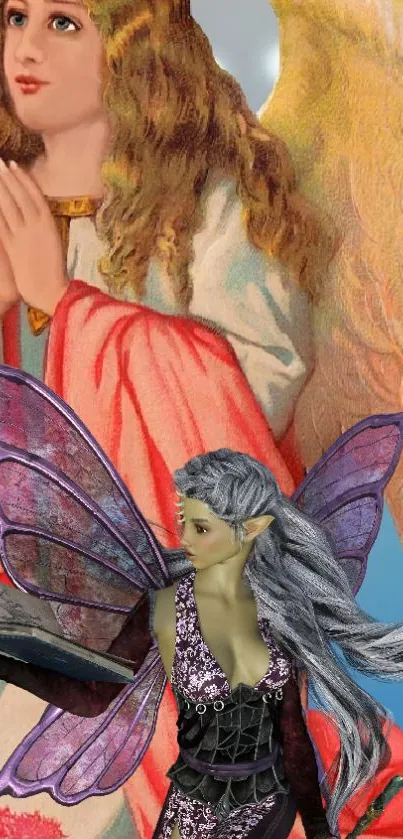 Vibrant wallpaper featuring an angel and a fairy in a fantasy setting.