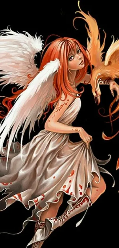 Fantasy art of an angel with red hair standing beside a phoenix on a black background.