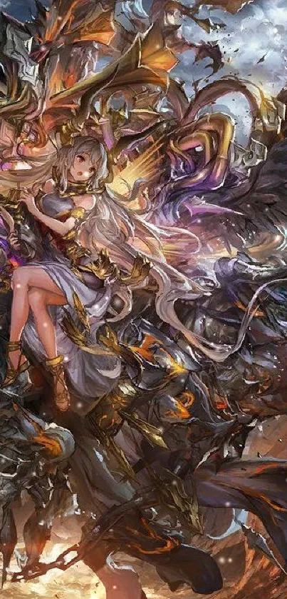 Fantasy angel with wings in cosmic battle scene illustration.