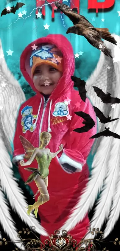 Child with angel wings and fantasy elements on a mobile wallpaper.