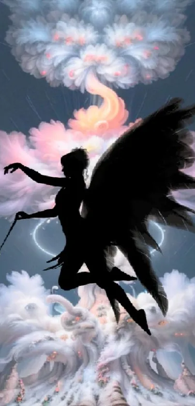 Silhouette of an angel against a fantasy sky with swirling clouds.