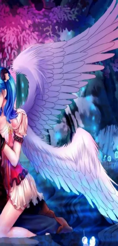 Blue-haired angel in a magical forest with vibrant colors.