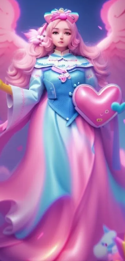 Fantasy angel girl with heart shield in pink and blue hues.