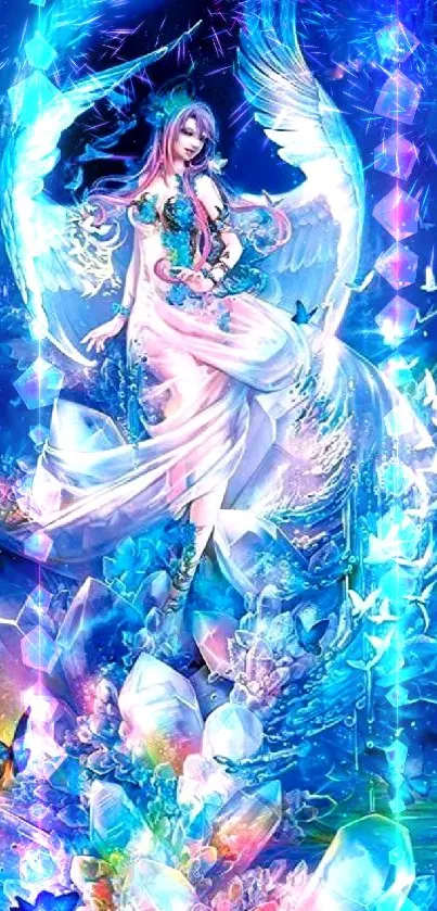 Fantasy angel standing among colorful crystals and butterflies in a blue wonderland.