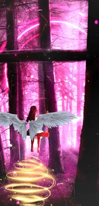 Angel in vibrant pink forest with neon spirals.