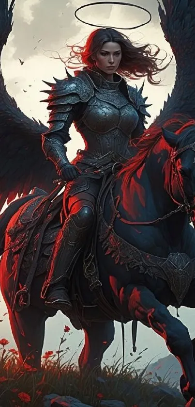 Epic angelic warrior on a winged horse in dramatic lighting.