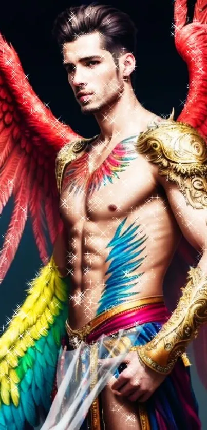 Fantasy angel warrior with vibrant wings and sparkling armor.