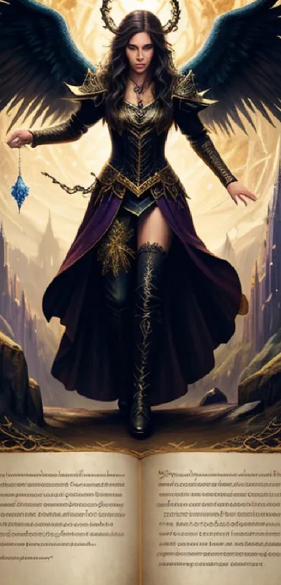 Fantasy angel warrior with golden wings and mystical aura in a mythical landscape.