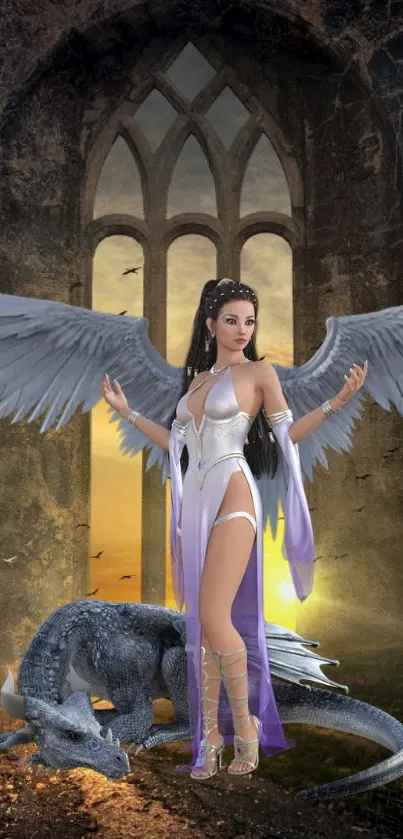 Fantasy angel with wings and dragon in gothic setting wallpaper.