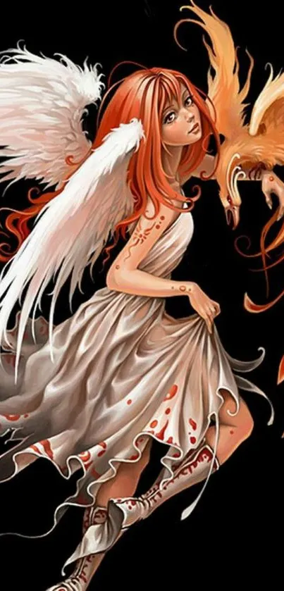 Angel with orange hair and fiery bird wallpaper.