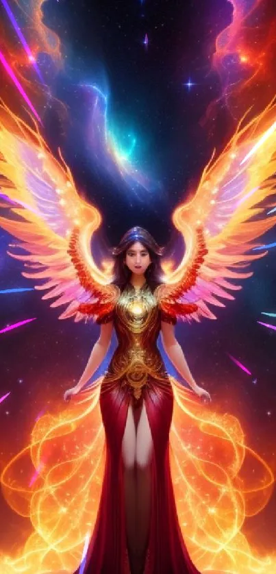 Fantasy angel with fiery wings in cosmic setting.