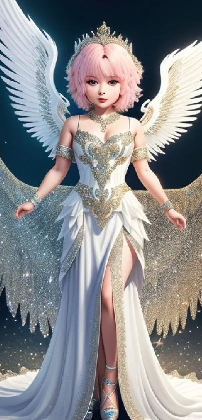 A pink-haired angel with wings in a shimmering white dress.