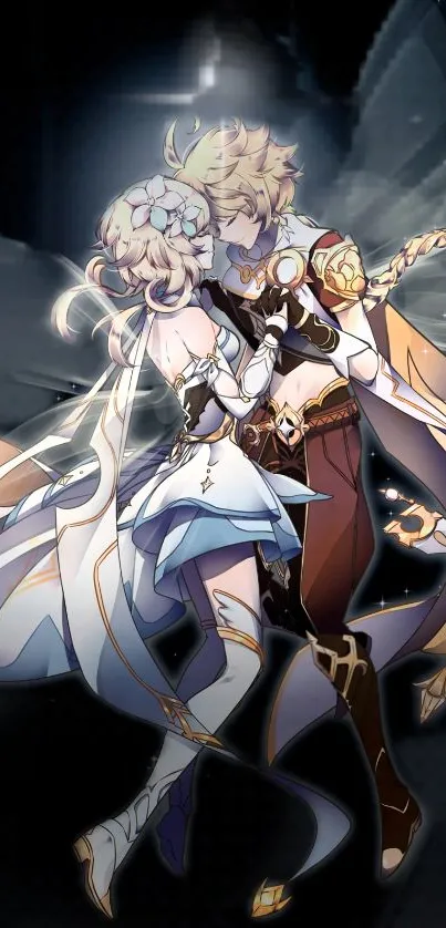 Angelic couple in embrace on fantasy-themed mobile wallpaper.