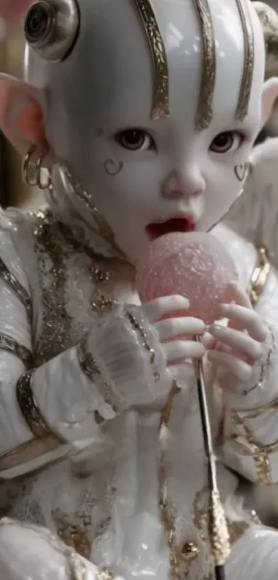 Ornate angelic figurine holding a lollipop.