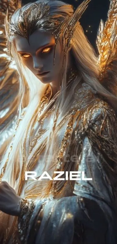 Angelic figure with golden wings depicted in fantasy art style.