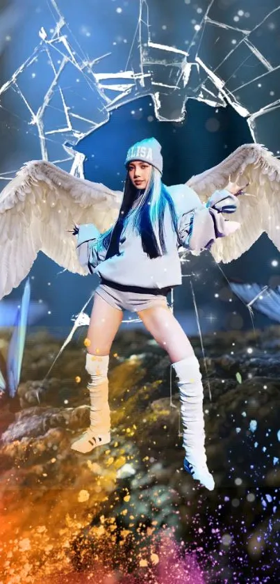 Fantasy angelic figure with wings and cosmic background on mobile wallpaper.