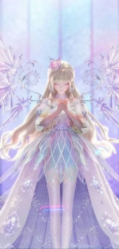 Angelic figure with crystal wings in pastel hues, fantasy wallpaper.