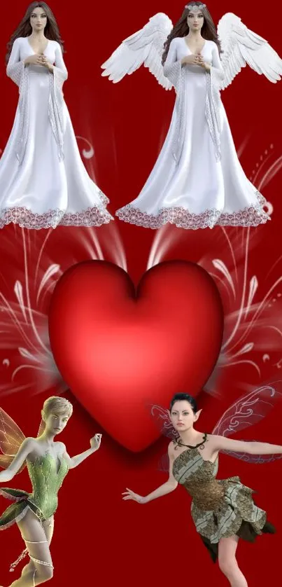 Fantasy wallpaper with angels, fairies, and a red heart background.