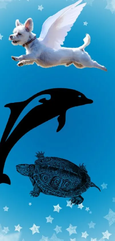 Flying dog, dolphin, and turtle on a blue starry background mobile wallpaper.