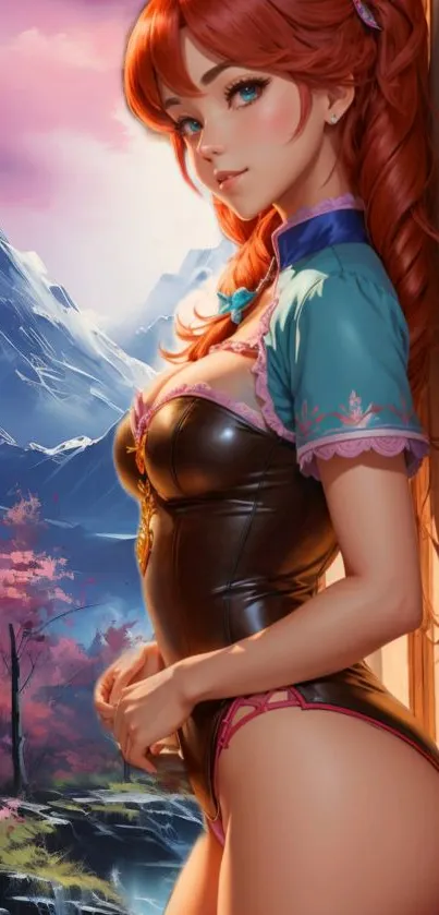 Fantasy-themed anime girl with mountains in the background.