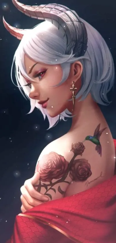 Anime character with horns, tattoo, and hummingbird in dark fantasy setting.