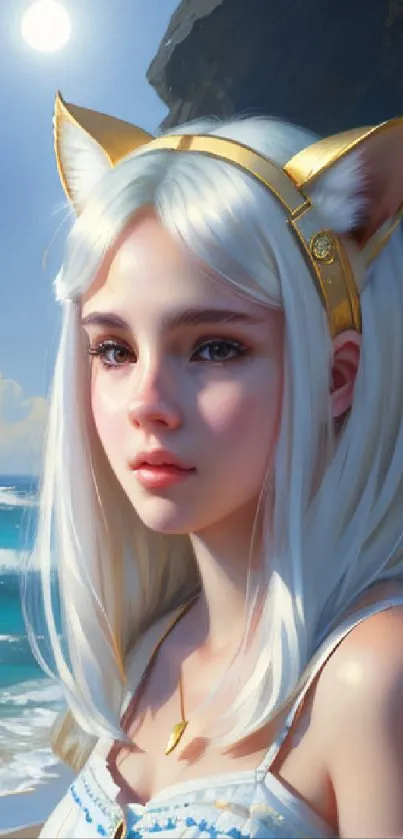 Anime girl by the ocean with golden cat ears.