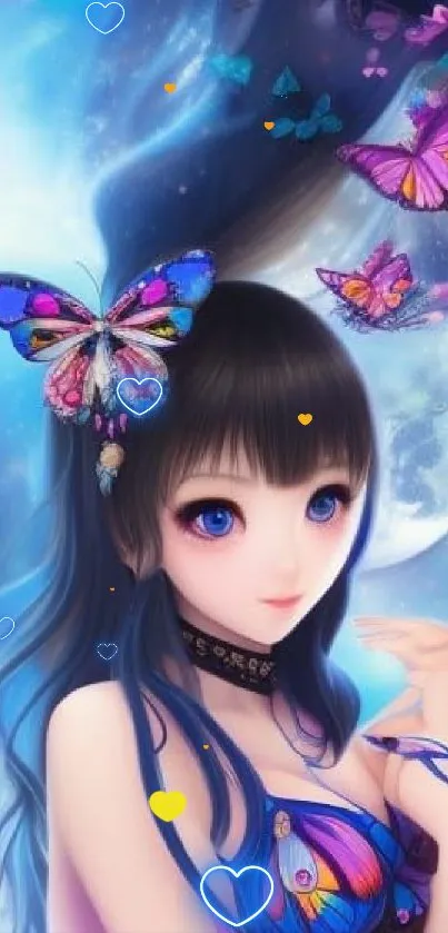 Fantasy anime girl with butterflies in a celestial blue background.