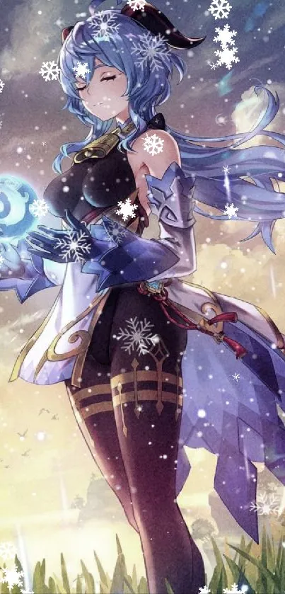 Anime character with glowing orb in snowy landscape.