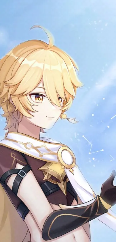 Anime character with golden hair and celestial background.