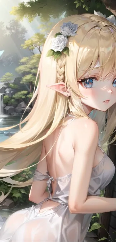 Anime elf with blonde hair near a waterfall, surrounded by nature.