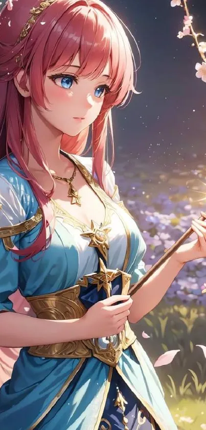 Anime girl with pink hair, holding a golden star in a flower garden.