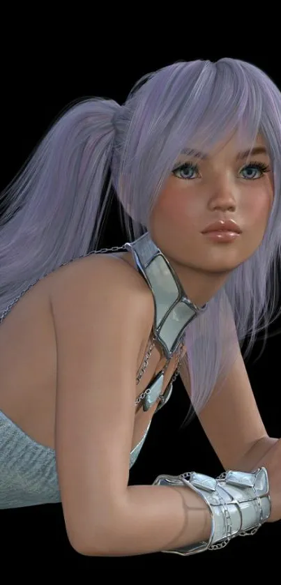 Anime girl with purple hair and silver armor on a black background.