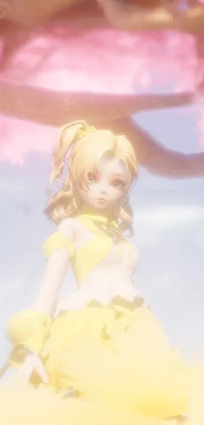 Anime girl in yellow dress with dreamy pastel sky.