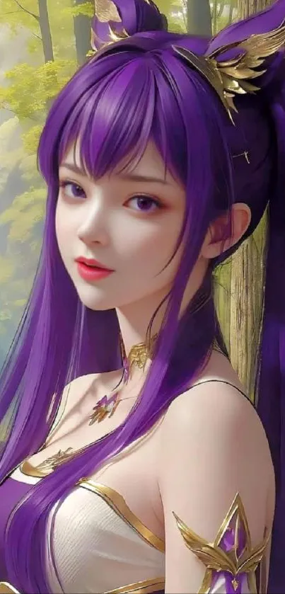 Anime fantasy girl with purple hair in a forest background.