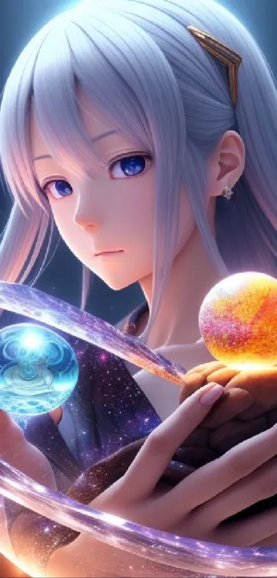 Anime girl with mystic orbs, blue and glowing design.