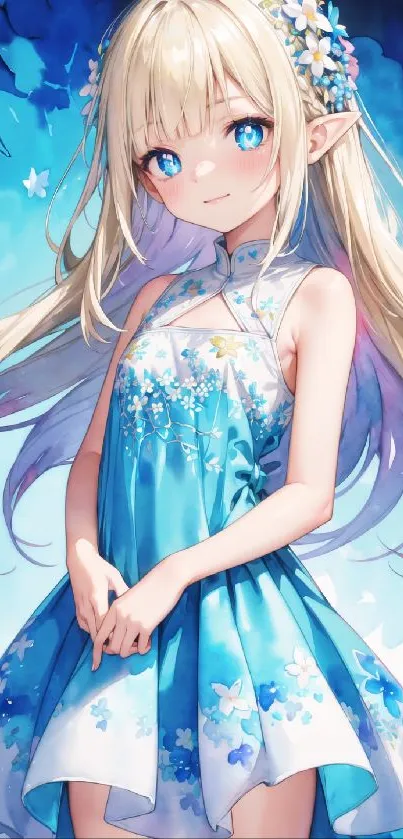 Enchanting anime girl in blue dress with floral highlights.