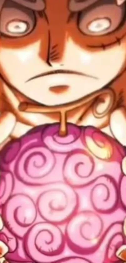 Anime character holding mystical fruit with swirls.